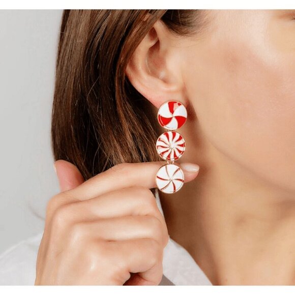 Peppermint Candies Enamel Earrings in Red & White - Picture 2 of 2